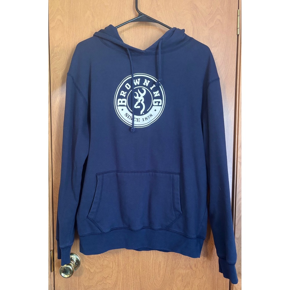 Browning Mens Navy Blue Buckmark Logo Pullover Hoodie Sweatshirt Size Medium